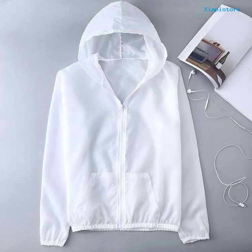 [XI] Áo Khoác Chống Nắng Tay Dài Có Mũ Trùm Đầu Màu Trơn Siêu Mỏng Phối Khóa Kéo Unisex