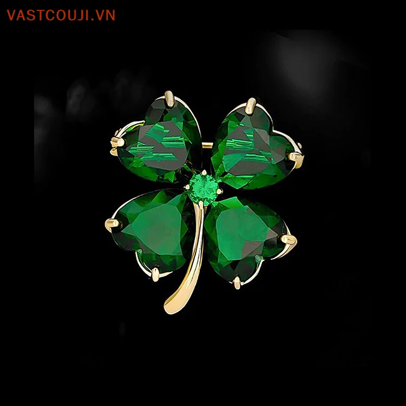 Ghim Cài Áo Hình Cỏ Bốn Lá May Mắn Đính Đá Zircon Sáng Bóng Kiểu Retro Chống Rơi Cho Nữ