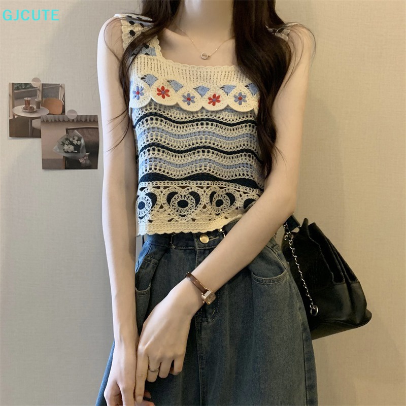 GJCUTE Áo Dệt Kim Nữ Không Tay Thêu Họa Tiết Rỗng Kiểu Vintage Thời Trang Mùa Hè