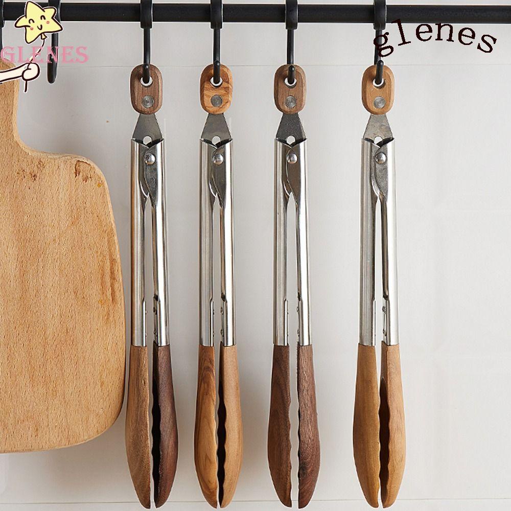 GLENES Kẹp Gắp Đồ Nướng Bbq Bằng Thép Không Gỉ Tay Cầm Gỗ Chống Trượt