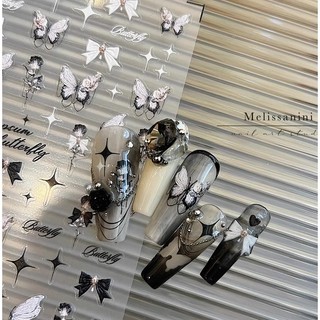 Sticker lụa 3d bướm trắng đen sắc nét | hình dán móng tay xy-1035