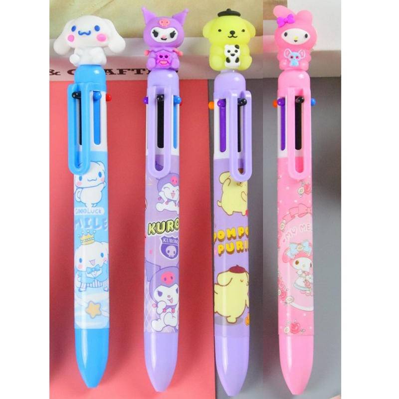 Bút Bi 6 Màu Họa Tiết Sanrio Mymelody Kuromi Cinnamoroll PomPom Purin Dễ Thương