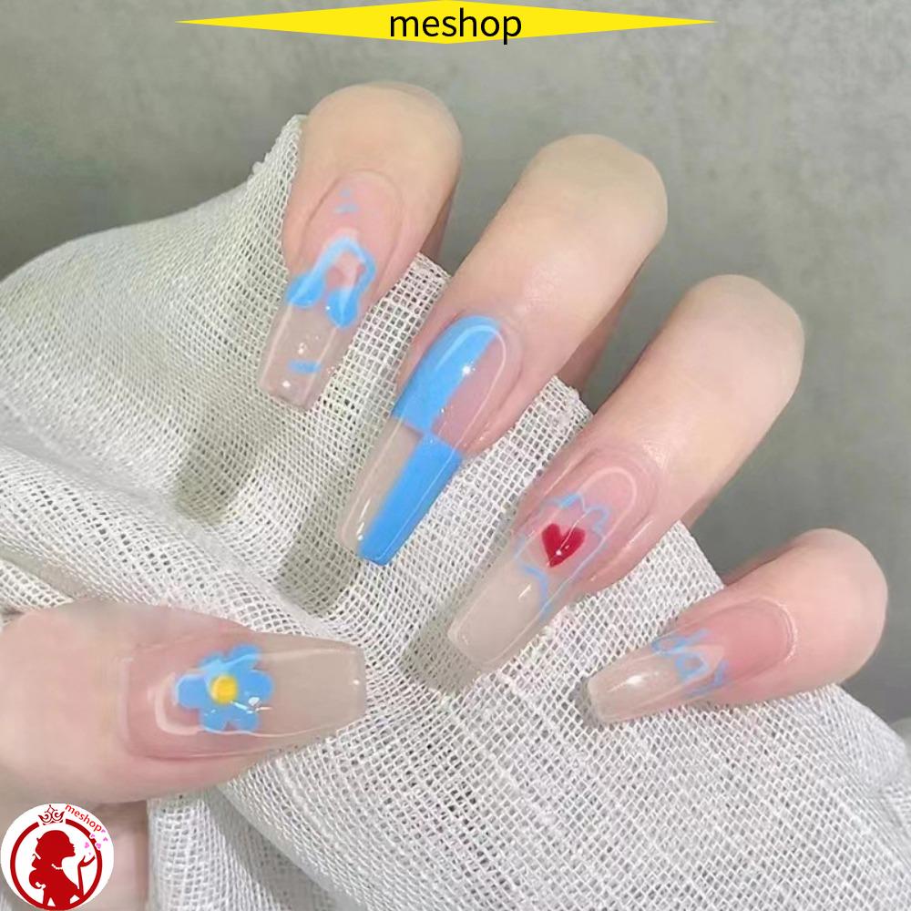 ME Bộ 24 Móng Tay Giả Đầu Vuông Dáng Dài Họa Tiết Hoa Dễ Thương Có Thể Tháo Rời Cho Nữ