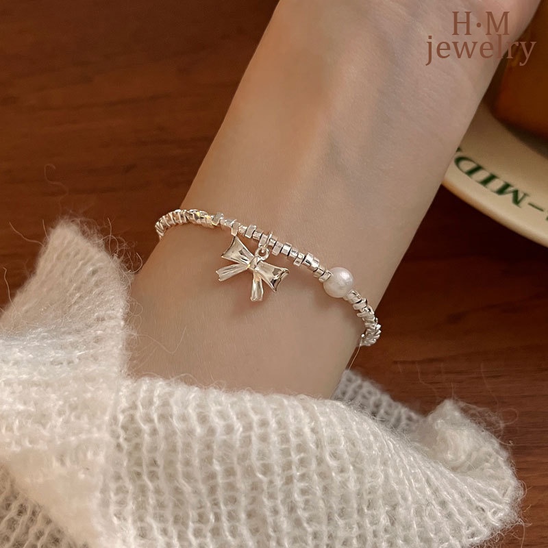 Vòng Tay Mạ Bạc 925 Hình Nơ Đính Ngọc Trai Đơn Giản Dễ Phối Đồ