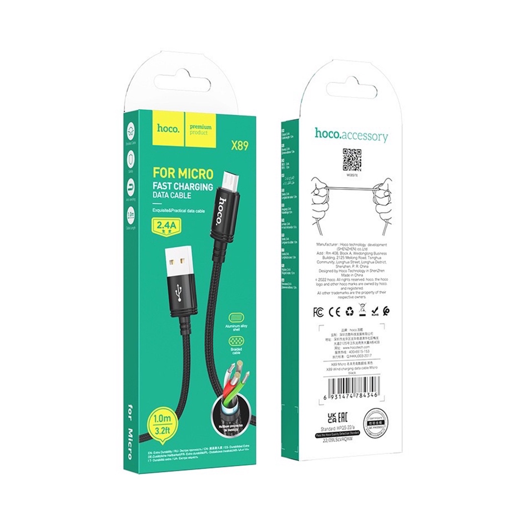 Cáp sạc 2.4A Hoco X89 vải dù bện chống rối cho 6/7/8 dài 1M (Màu Đen ) Linkeetech