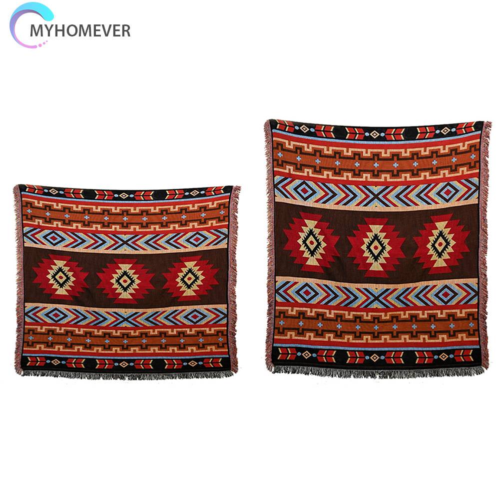 Thảm Cotton Dệt Kim Họa Tiết Thổ Cẩm Phối Tua Rua Có Thể Gấp Gọn Tiện Dụng Mang