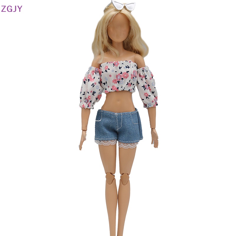 Bộ Quần Áo Denim Tay Phồng In Họa Tiết Hoa Tinh Tế Thời Trang Cho Búp Bê 29cm Mới