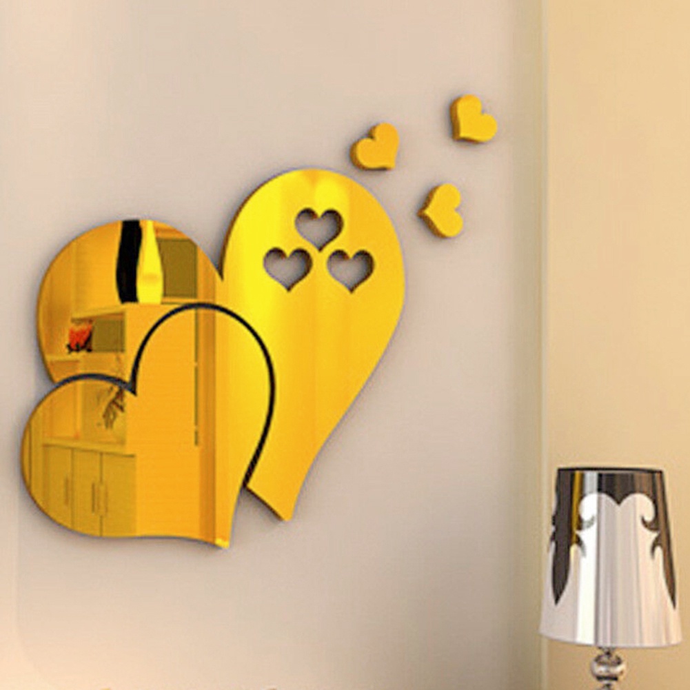 Đề Can Acrylic Hình Trái Tim 3D Tráng Gương Dán Tường Trang Trí Phòng Khách