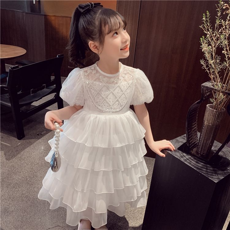 Đầm Công Chúa Tay Phồng Phối Lưới Màu Trắng Xinh Xắn Cho Bé Gái