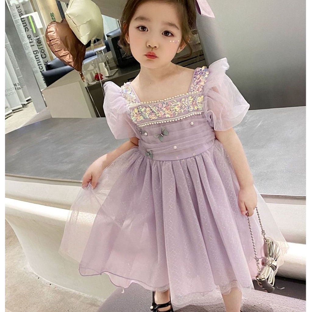 Đầm Công Chúa Tay Phồng Phối Lưới Đính Kim Sa Thời Trang Mùa Hè 2023 Cho Bé Gái