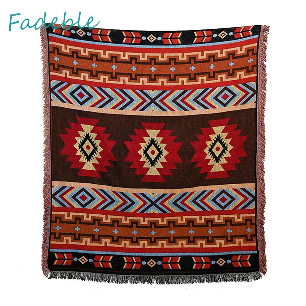 Thảm Cotton Dệt Kim Họa Tiết Thổ Cẩm Phối Tua Rua Có Thể Gấp Gọn Tiện Dụng Mang