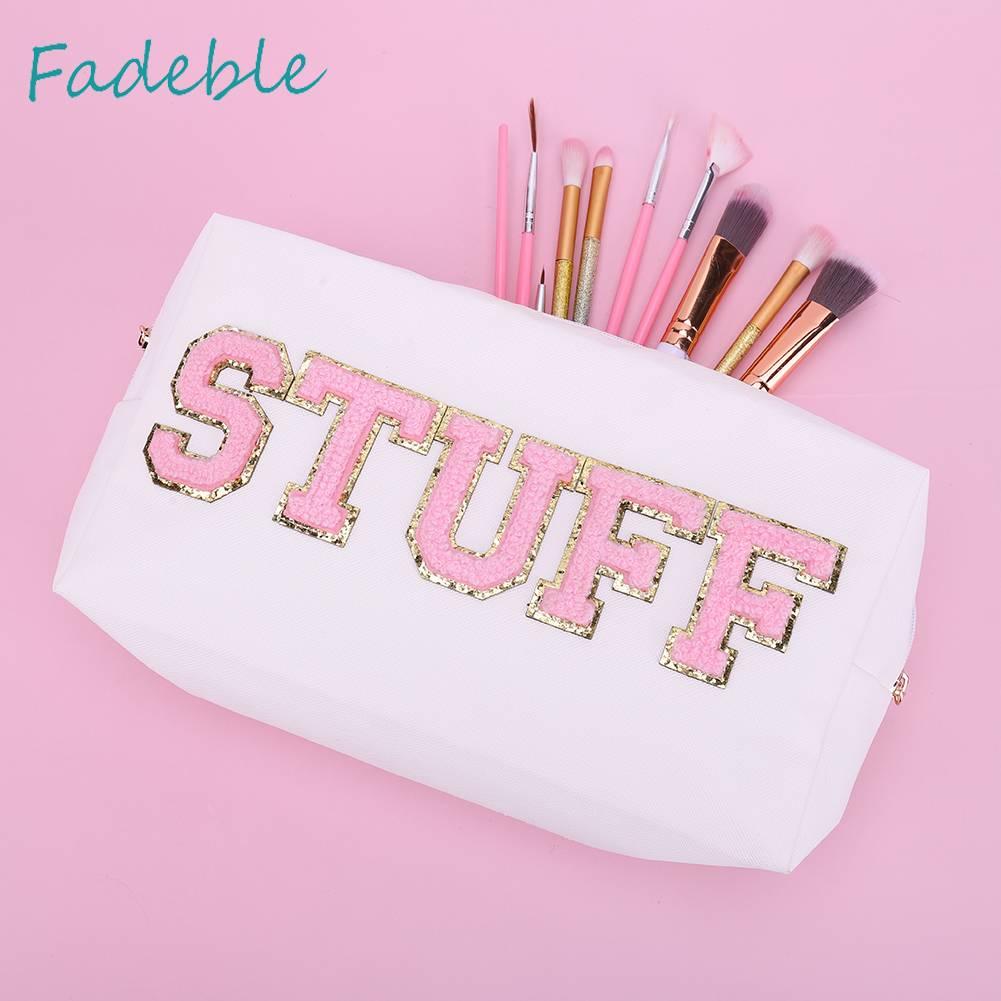 Túi Đựng Mỹ Phẩm Da PU Đa Năng Có Khóa Kéo In Chữ Thời Trang Cho Nữ