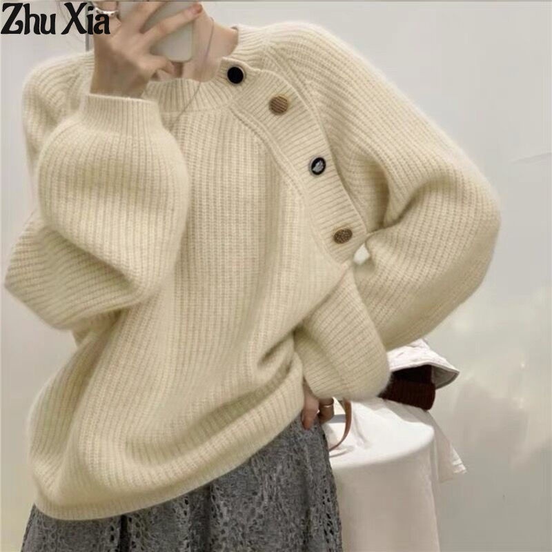Zhu Xia Áo Sweater Dệt Kim Chui Đầu Cài Khóa Chéo Phong Cách Mori Cổ Điển Thời Trang Cho Nữ