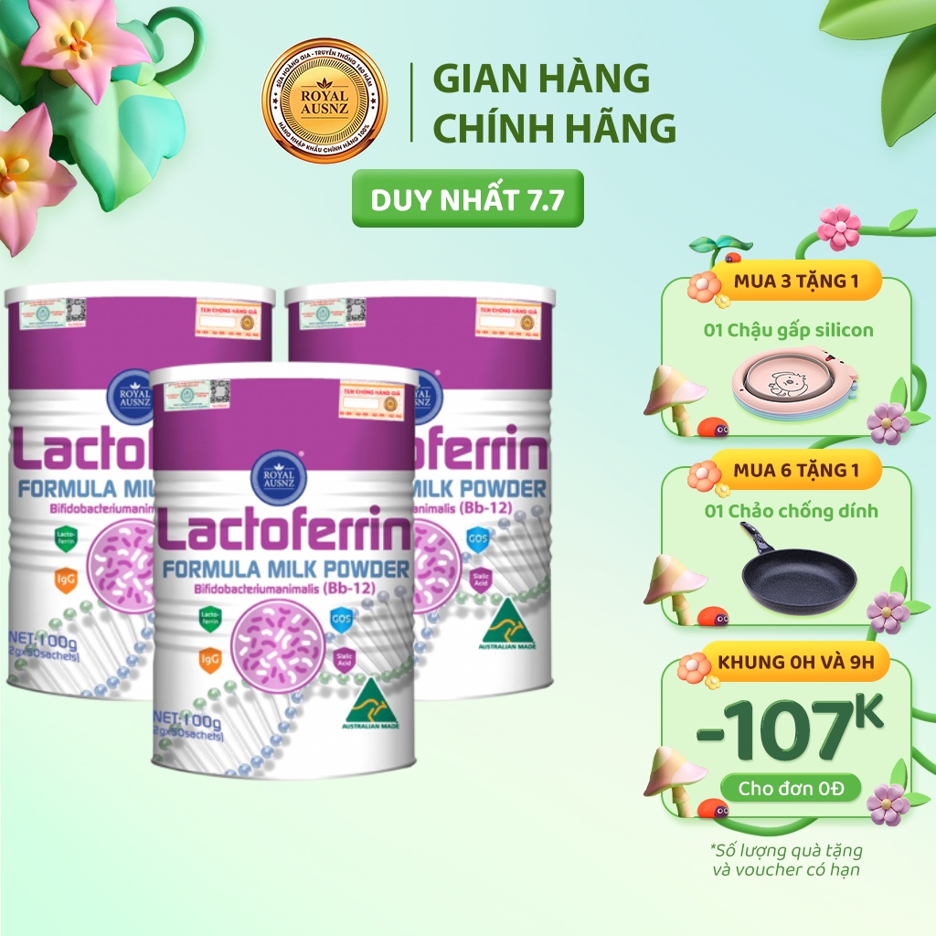 Combo 3 Hộp Sữa Bột ROYAL AUSNZ Lactoferrin Formula Milk BB-12 Tăng Cường Sức Đề Kháng Cho Trẻ 100g/hộp