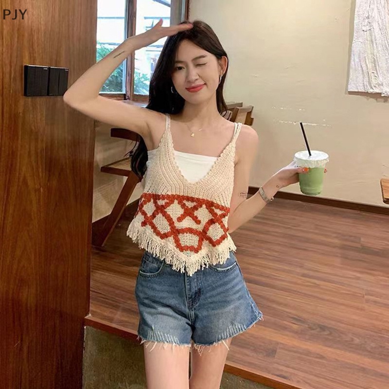 Áo Dệt Kim Không Tay Cổ Chữ V Phối Tua Rua Thời Trang Mùa Hè Vintage Dành Cho Nữ PJ