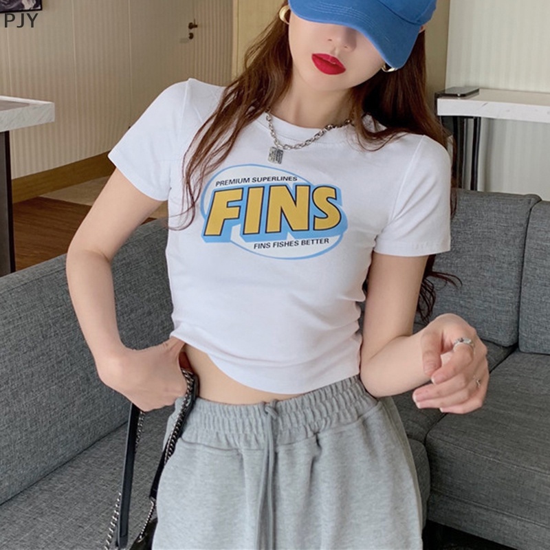 Áo Thun Crop Top Tay Ngắn Cổ Tròn In Chữ Phong Cách Retro Mỹ Thời Trang Mùa Hè Dành Cho Nữ PJ