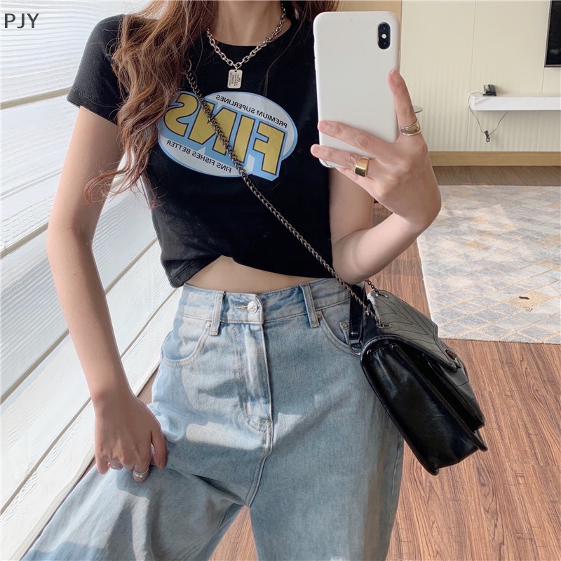 Áo Thun Crop Top Tay Ngắn Cổ Tròn In Chữ Phong Cách Retro Mỹ Thời Trang Mùa Hè Dành Cho Nữ PJ