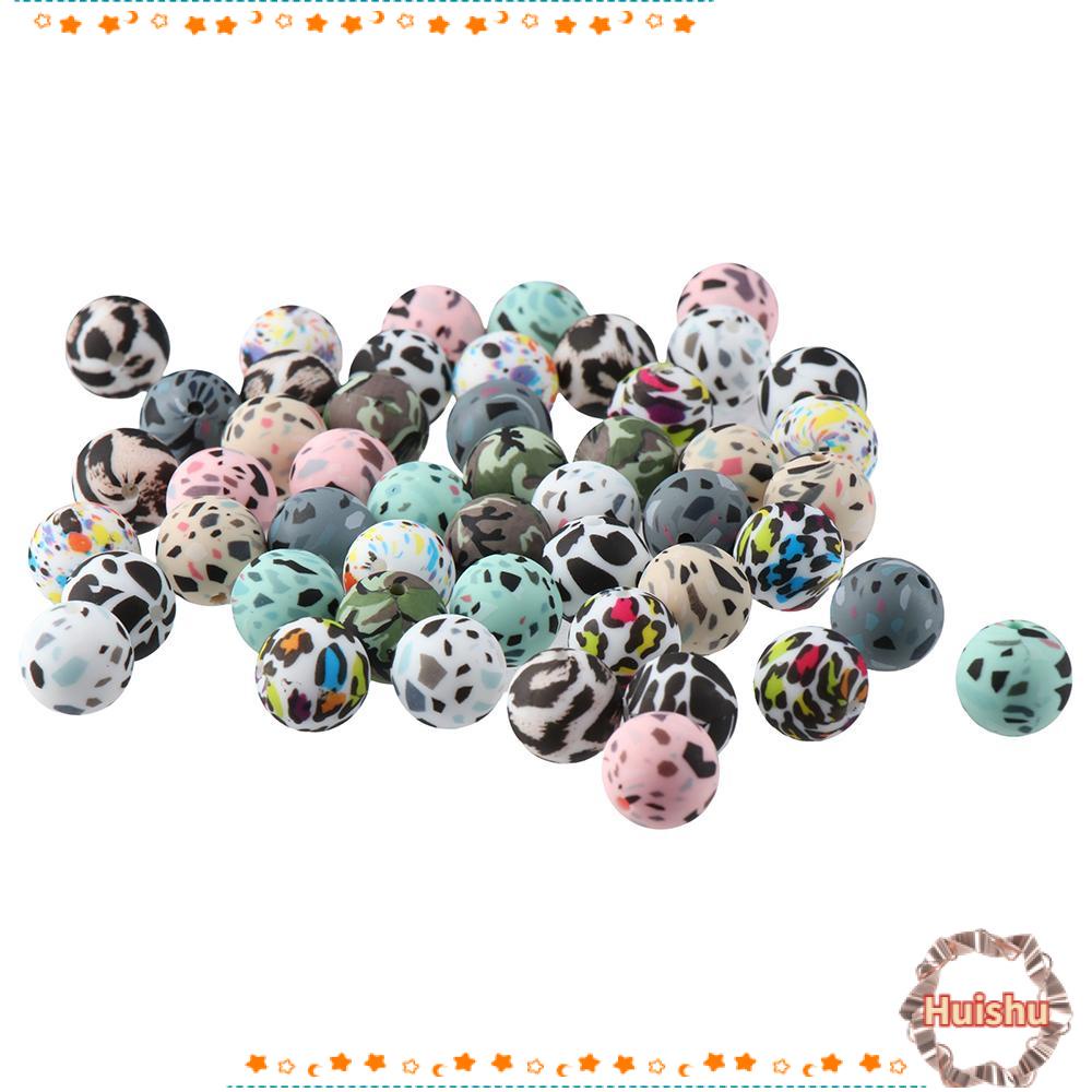 HS Bộ 50 Hạt Xâu Chuỗi 15mm Nhiều Màu Sắc In Họa Tiết Da Báo / Bò Sữa Làm Trang Sức Thủ Công