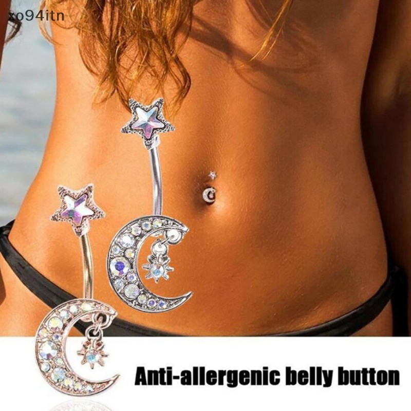 Khuyên Rốn 14G Hình Ngôi Sao Mặt Trăng Đính Đá Pha Lê Xinh Xắn