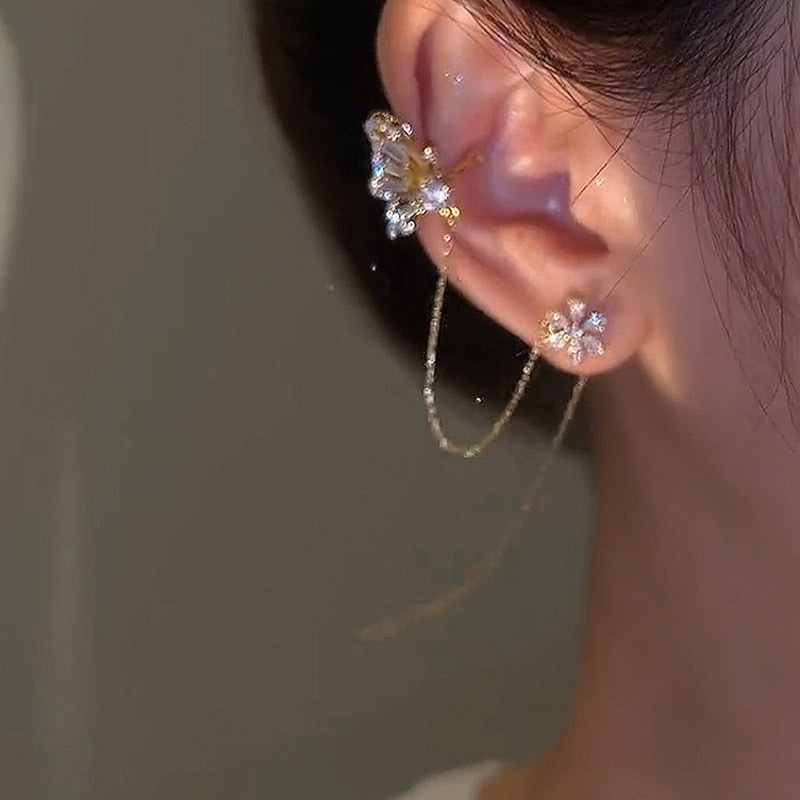Sáng bóng zircon bướm tai cuff màu vàng tua kẹp trên bông tai cho phụ nữ phong cách hàn quốc bông tai hoa không xỏ khuyên trang sức ryvn