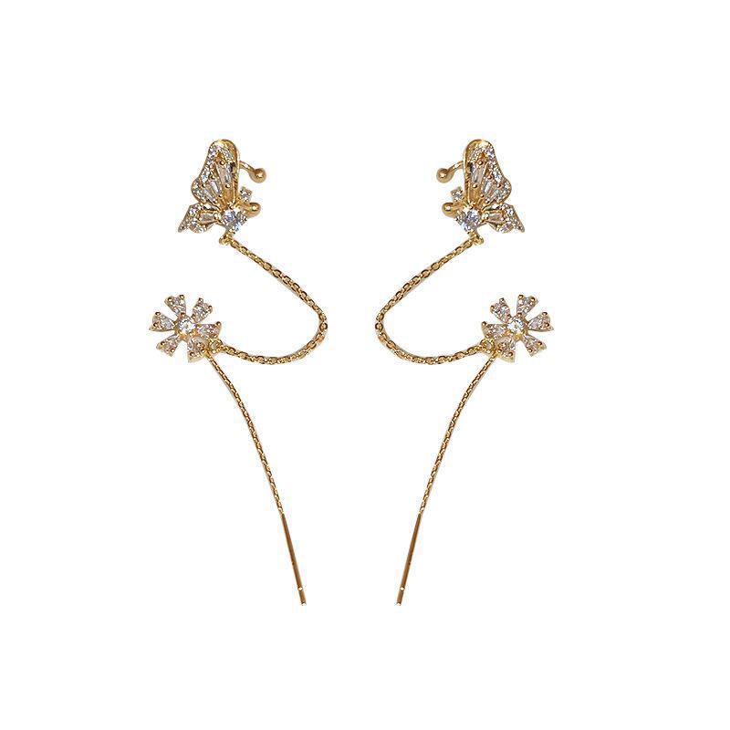 Sáng bóng zircon bướm tai cuff màu vàng tua kẹp trên bông tai cho phụ nữ phong cách hàn quốc bông tai hoa không xỏ khuyên trang sức ryvn