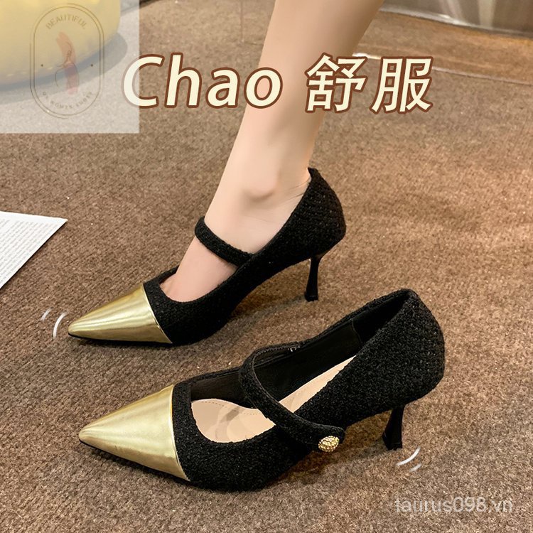 Giày Cao Gót 6-8cm Da Pu Mũi Nhọn Miệng Nông Cá Tính