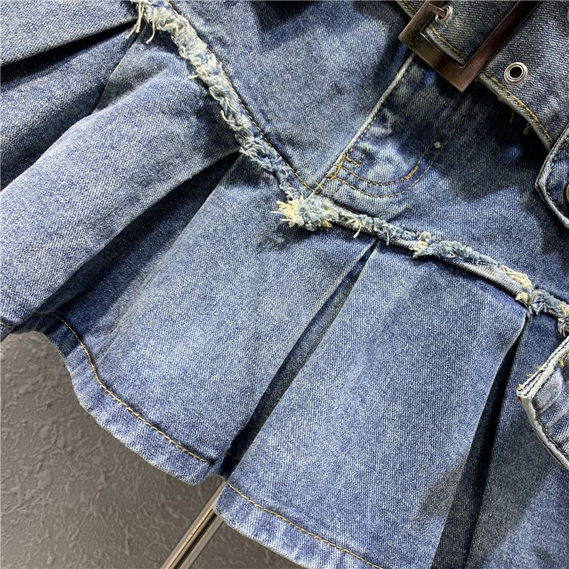 Chân Váy Denim Dáng Chữ a Xếp Ly Màu Xanh Dương Nhạt Phong Cách Retro Thời Trang Mùa Xuân 2023 Mới