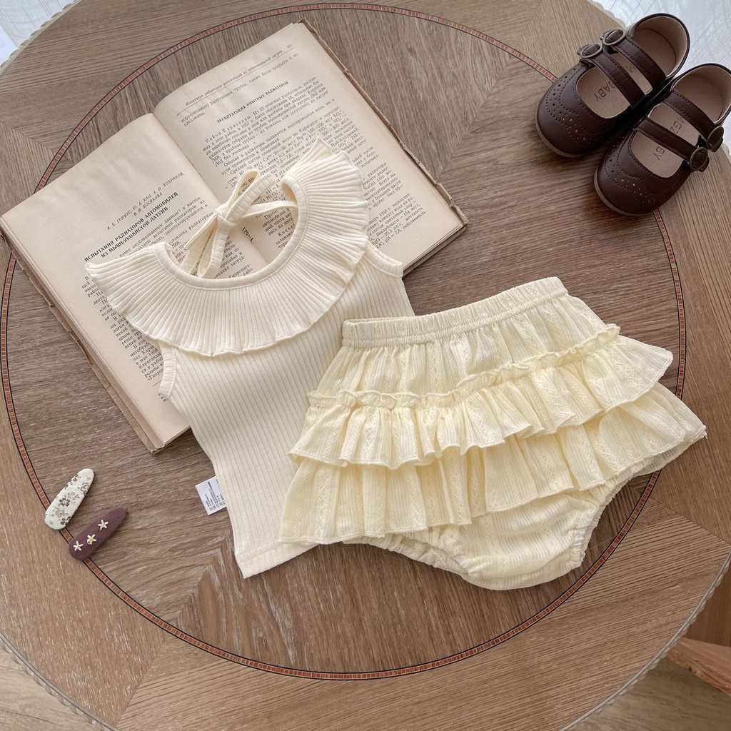 Bộ Áo Sát Nách Cổ Bèo Phối Chân Váy Tầng Thời Trang Mùa Hè Xinh Xắn Cho Bé Gái