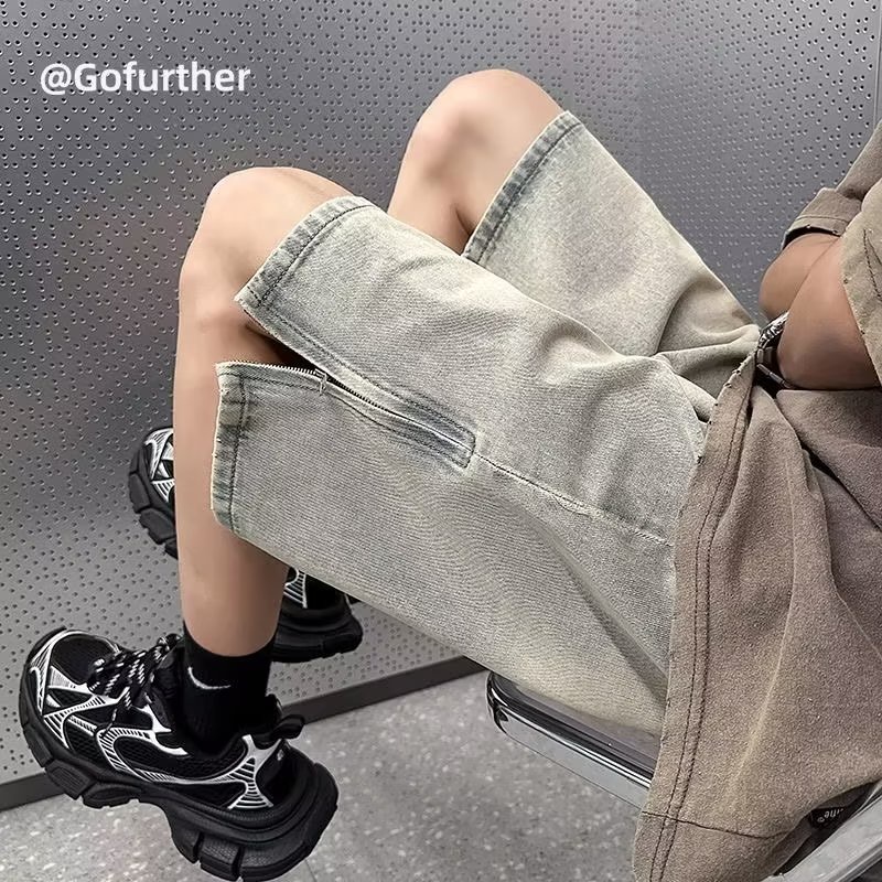 Quần Short Denim Dáng Rộng Viền Khóa Kéo Phong Cách Đường Phố Mùa Hè Đơn Giản Cho Nam