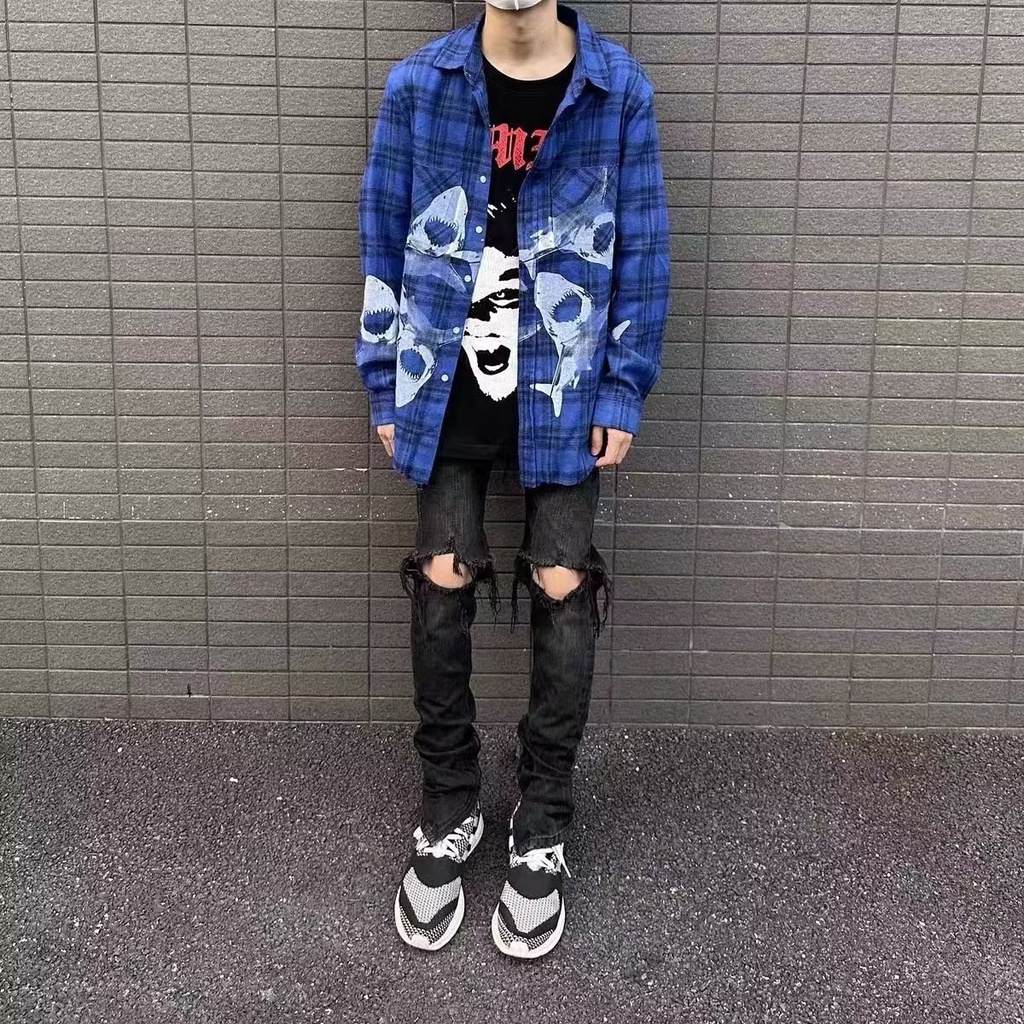 Áo Khoác Sơ Mi Dáng Rộng Họa Tiết Cá Mập Xanh Dương Phong Cách Retro Đường Phố Hàn Quốc Thời Trang Mùa Hè Dành Cho