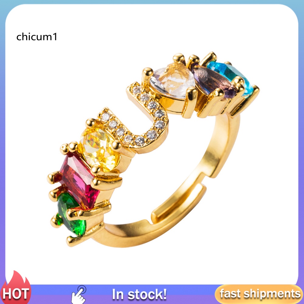 Nhẫn Hở Unisex Đính Đá Zirconia Màu Cầu Vồng Có Thể Điều Chỉnh Kích Cỡ