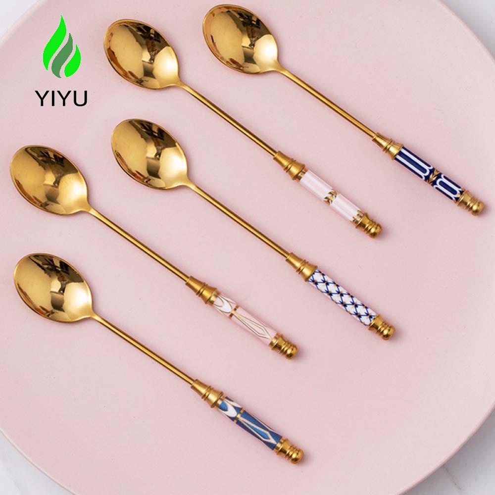 YIYU Muỗng Khuấy Bằng Thép Không Gỉ Tay Cầm Dài Phong Cách Châu Âu