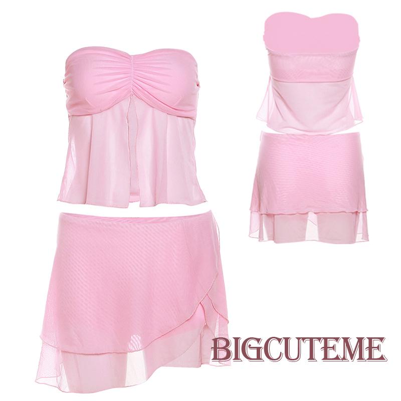 Bộ Áo Ống Màu Trơn + Chân Váy Lưới Mini Lưng Thấp Màu Sắc Ngọt Ngào Thời Trang Mùa Hè Cho Nữ