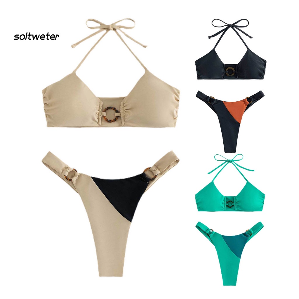 Bộ Đồ Bơi 2 Mảnh Mùa Hè Gồm Áo Cổ Yếm Cạp Cao Hở Lưng Cột Dây Màu Sắc Tương Phản Cho Nữ