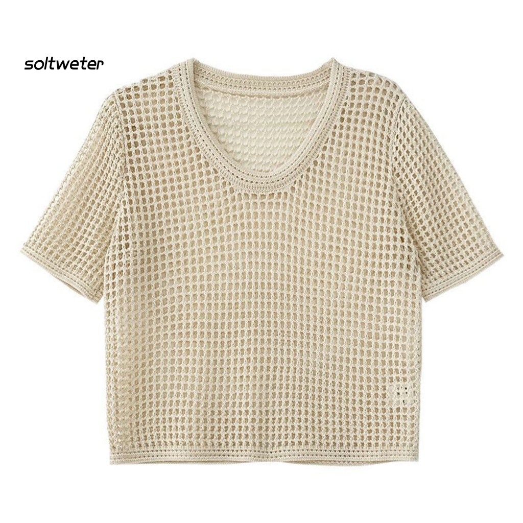 Áo Thun Dệt Kim Mỏng Tay Ngắn Cổ Tròn Màu Trơn Che Nắng Cho Nữ