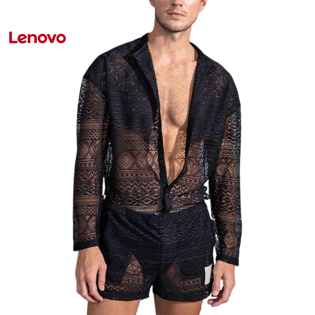 1 Bộ Áo Ren + Quần Short Màu Trơn Xuyên Thấu Thời Trang Mùa Thu Cho Nam