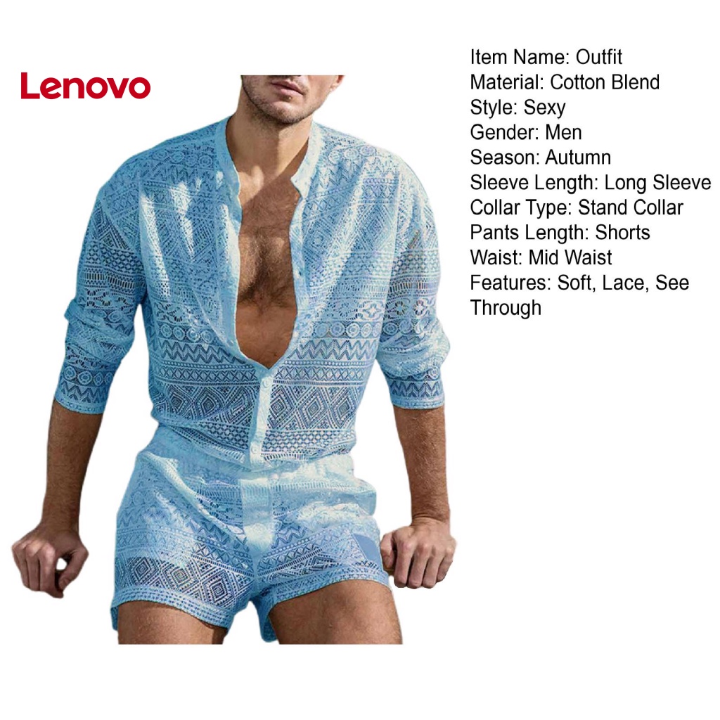 1 Bộ Áo Ren + Quần Short Màu Trơn Xuyên Thấu Thời Trang Mùa Thu Cho Nam