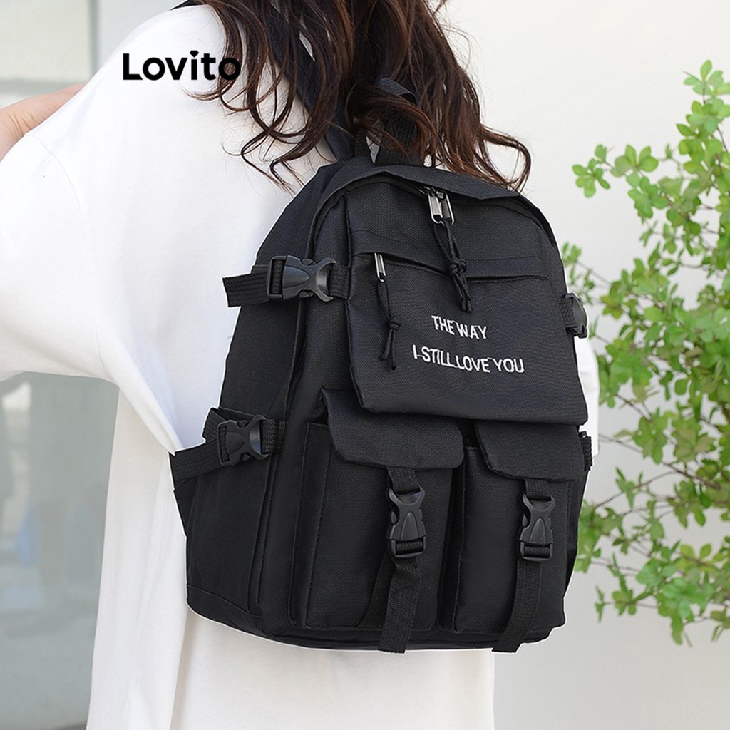 Lovito Ba lô có khóa bỏ túi thông thường có sức chứa lớn dành cho nữ L57AD189 (Tắt Trắng/Đỏ/Đen)