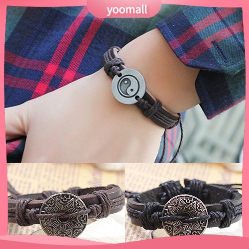 [YM] Vòng Tay Giả Da Bện Họa Tiết Âm Dương Hợp Kim Tai Chi Ying Yang Cho Nam Và Nữ