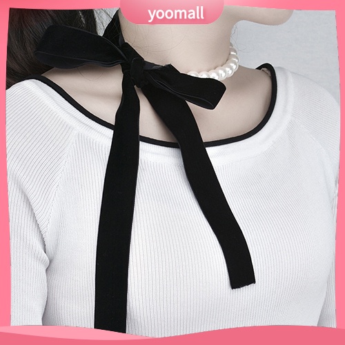 Vòng Cổ Choker Dây Nhung Thắt Nơ Đính Ngọc Trai Nhân Tạo Thời Trang