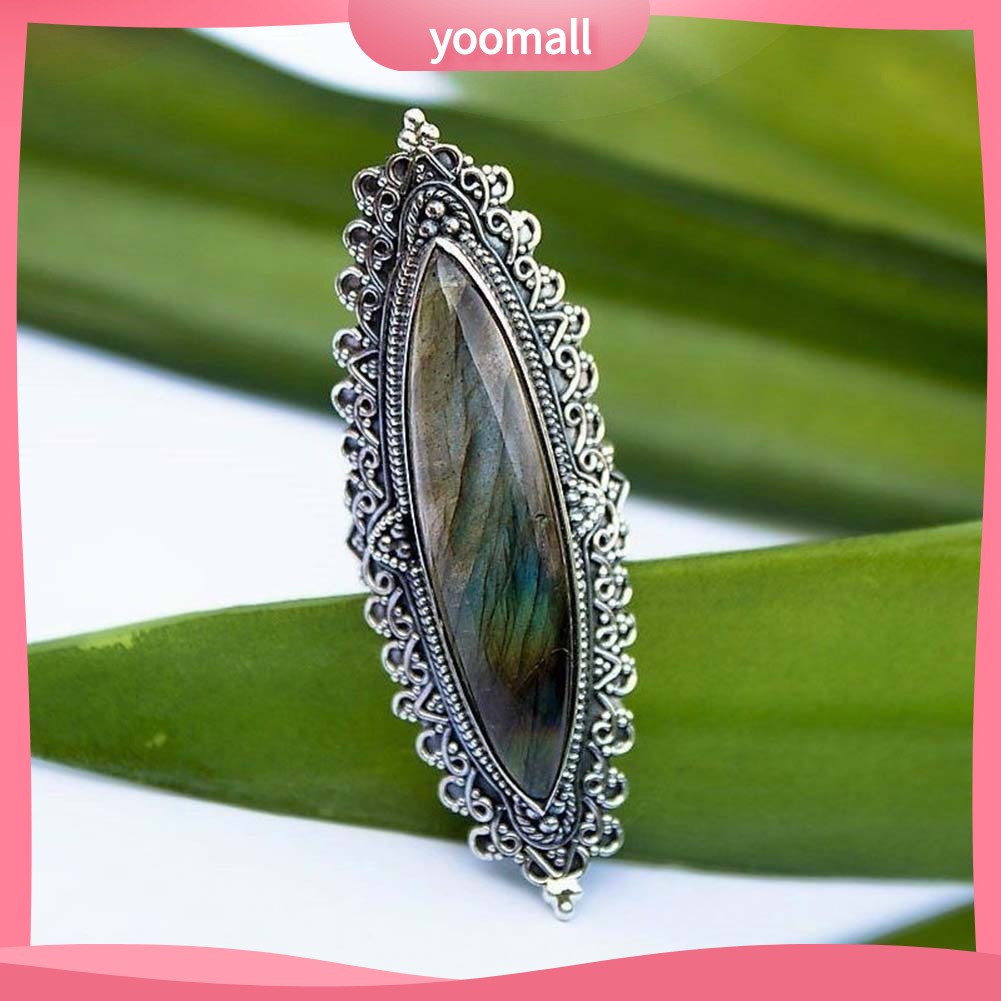 [YM] Nhẫn Khảm Đá Labradorite Giả Cổ Điển Làm Quà Tặng Trang Sức Cho Nữ