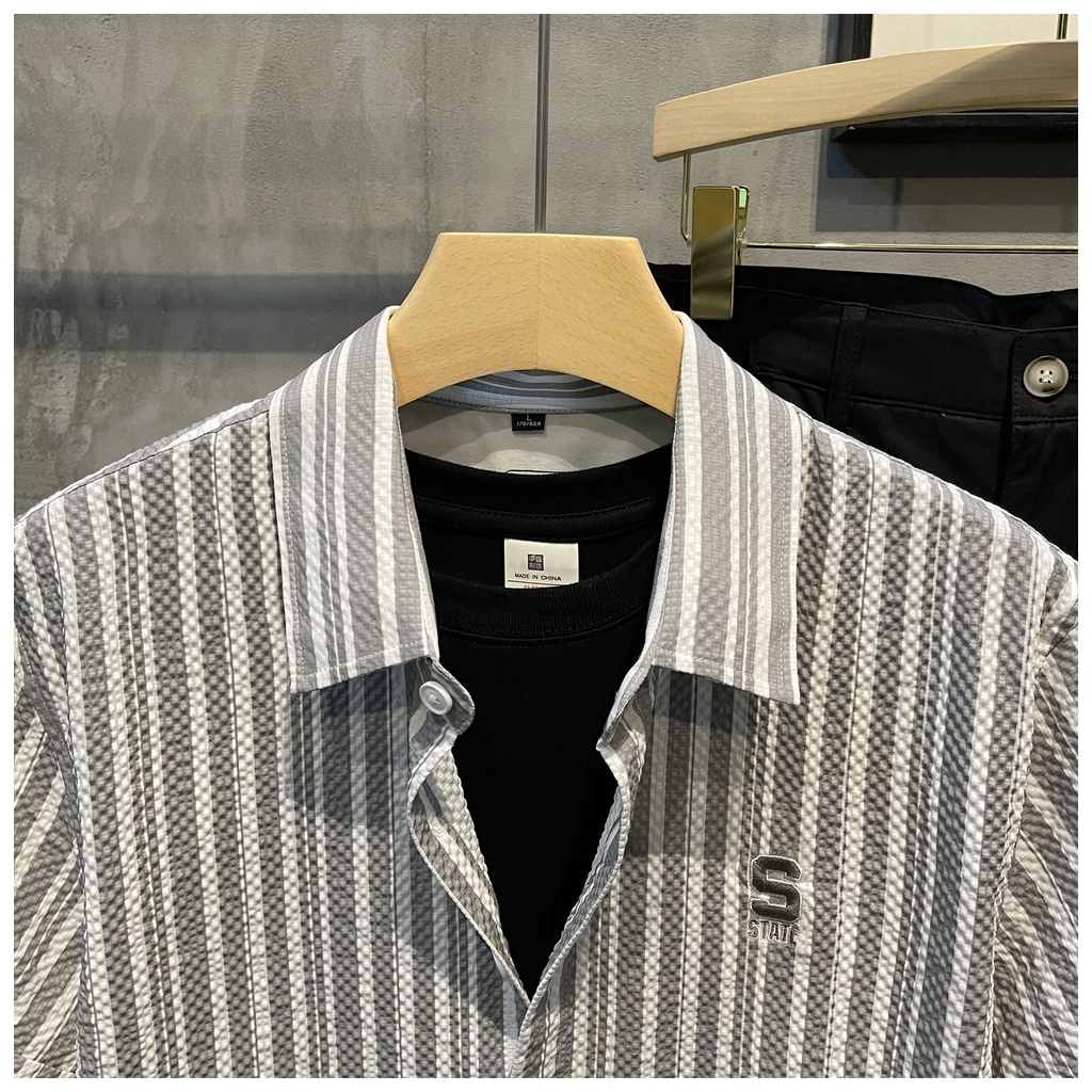 Áo Sơ Mi Tay Ngắn Phồng Họa Tiết Sọc Xanh Dương Thời Trang Mùa Hè 2023 Mới Dành Cho Bé Trai