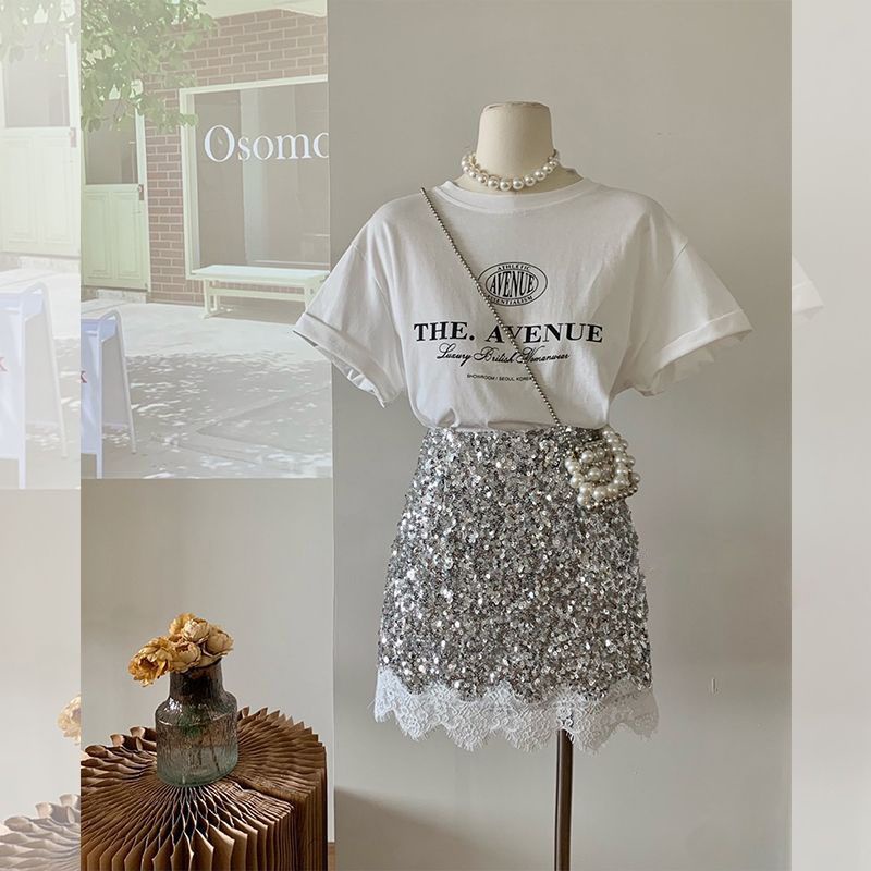 Bộ Áo Tay Ngắn Và Chân Váy Ôm In Họa Tiết Lấp Lánh Thời Trang Mùa Hè 2023 Dành Cho Nữ