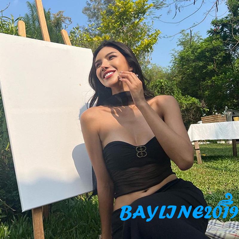 Áo Ống Màu Trơn Nhìn Thấy Thời Trang Cho Nữ Kèm Vòng Cổ Choker