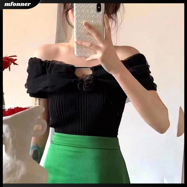 Áo Dệt Kim Ngắn Tay Trễ Vai Màu Sắc Trơn Quyến Rũ Cho Nữ