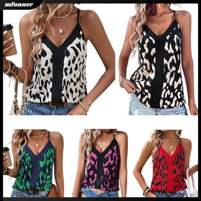 Áo Tank Top Sát Nách Cổ Chữ V Dáng Rộng In Họa Tiết Da Báo Cá Tính Cho Nữ