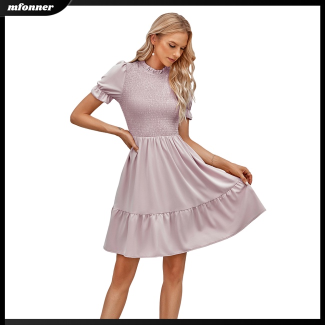 Đầm Tay Ngắn Cổ Đứng Dáng Chữ A Màu Trơn Thiết Kế Đơn Giản Thanh Lịch Cho Nữ