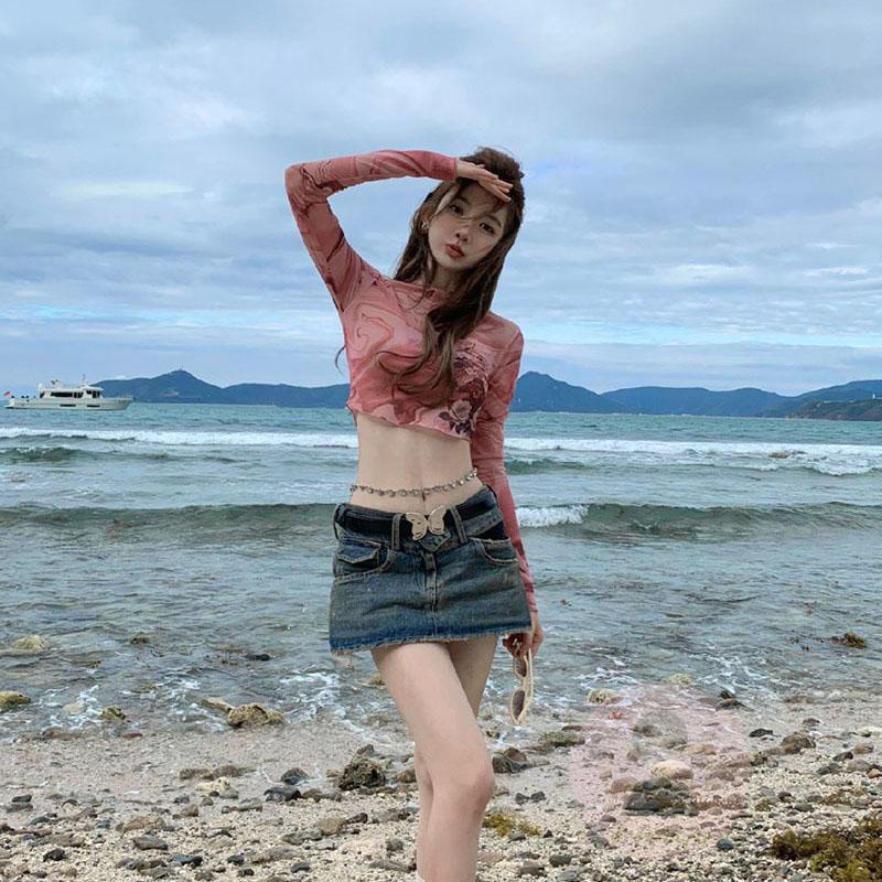 Áo Thun Tay Dài Cổ Tròn In Màu Nhuộm Phối Lưới Thời Trang Cho Nữ