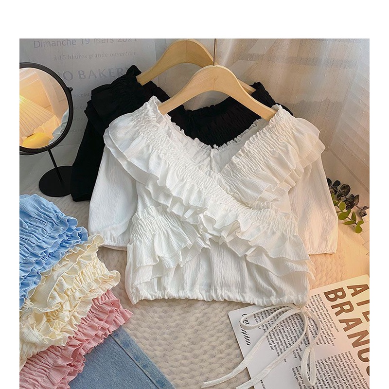 Áo Sơ Mi Ngắn Tay Cổ Chữ V Phối Bèo Thiết Kế Mới Thời Trang Mùa Hè Theo Phong Cách Hàn Quốc Cho Nữ