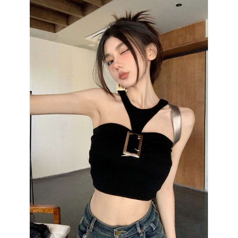 Áo Ống Ngắn Sát Nách Cổ Yếm Màu Trơn Ngọt Ngào Cho Nữ